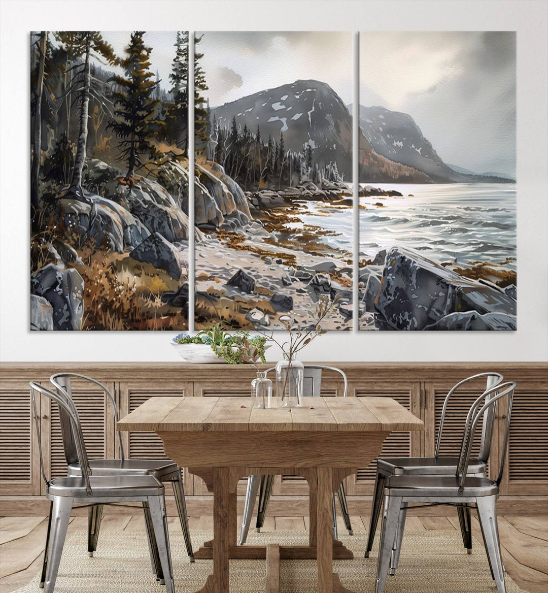 The stunning Serene Coastal View of Acadia National Park is a 3-panel wall art canvas print that beautifully captures a tranquil mountain and lake scene.