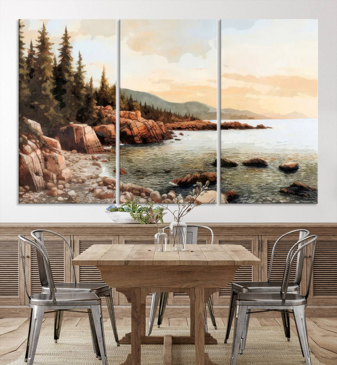 Serene Coastal View of Acadia National Park - Stunning 3-Panel Wall Art Canvas Print, Framed, Ready to Hang