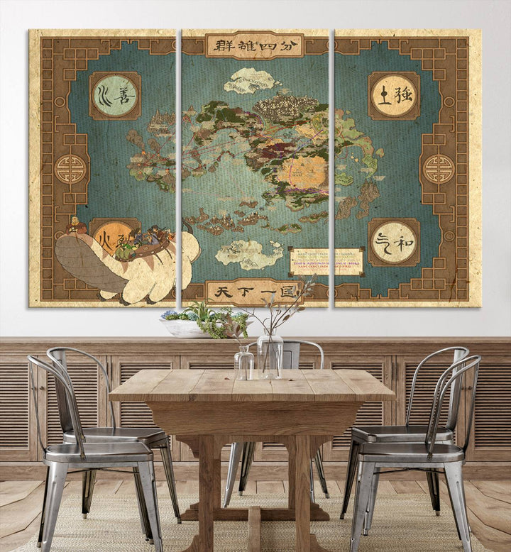 Hanging above is the Avatar: The Last Airbender Vintage Map - Wall Art Canvas Print, framed and ready to hang, showcasing an enchanting glimpse into the iconic four nations design.