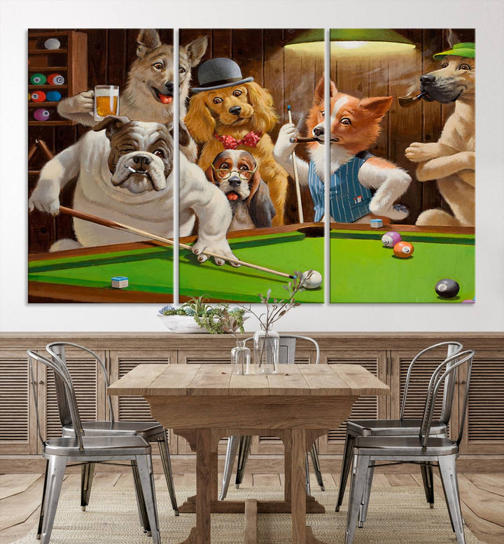 The "Dogs Playing Pool Canvas Wall Art" features a whimsical scene of dogs dressed as humans playing pool in a bar, presented as a three-panel display with a gallery-quality finish.