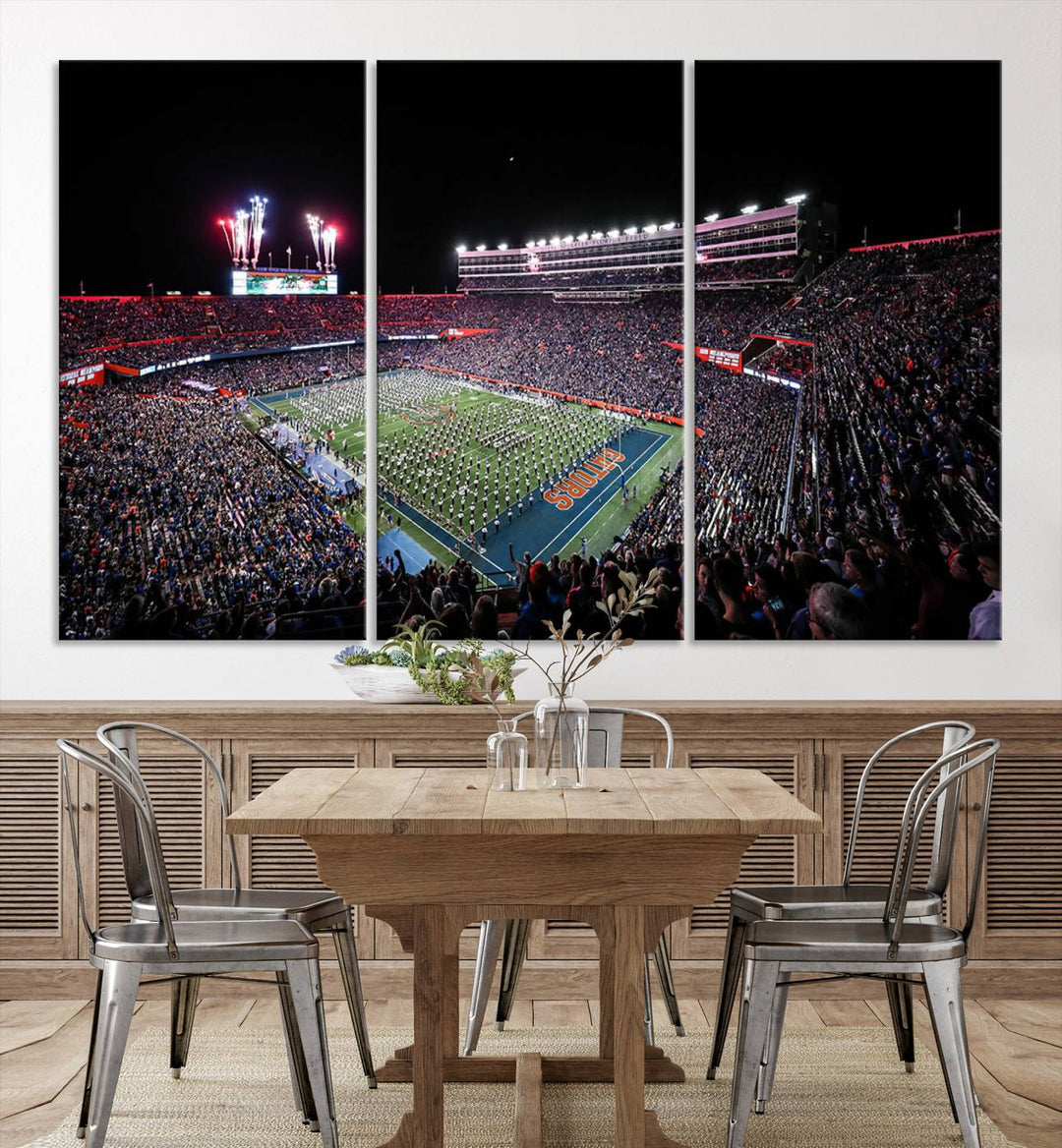 Ben Hill Griffin Stadium Night Game Triple Canvas Wall Art - Florida Gators Football Match