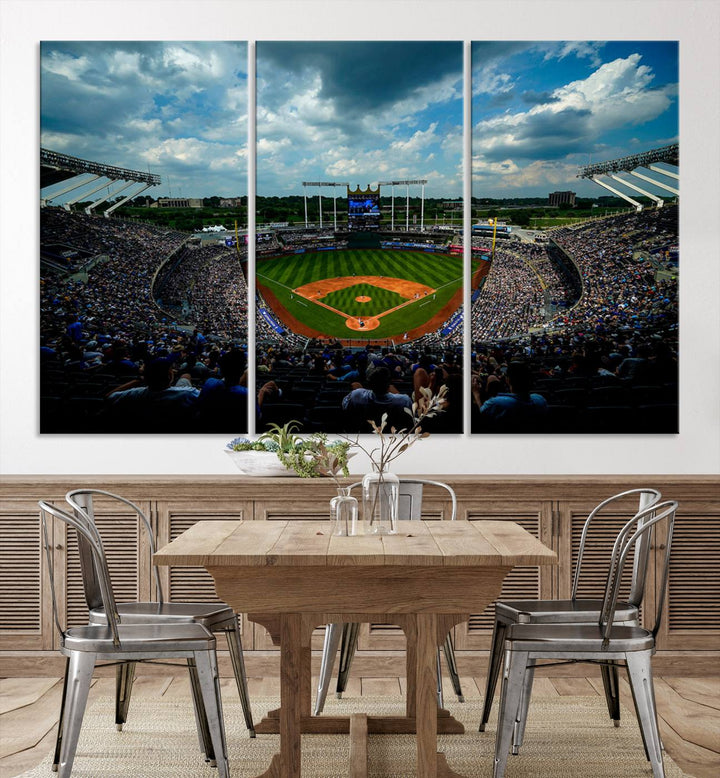 Kauffman Stadium Day Game Triple Canvas Wall Art - Kansas City Royals MLB Match