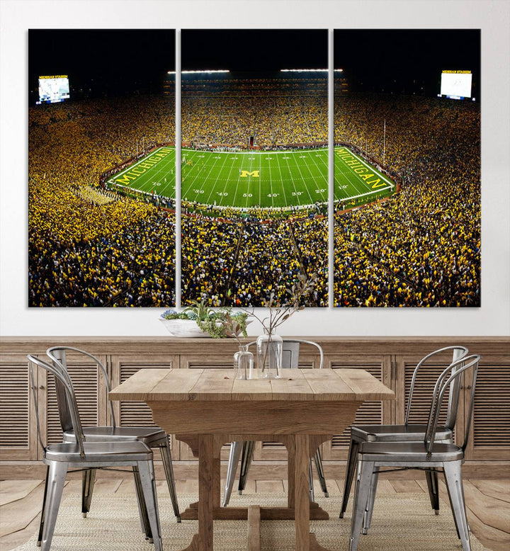 Michigan Wolverines Football Team Print - Michigan Stadium Night Game Triple Canvas Wall Art - University of Michigan Football Match