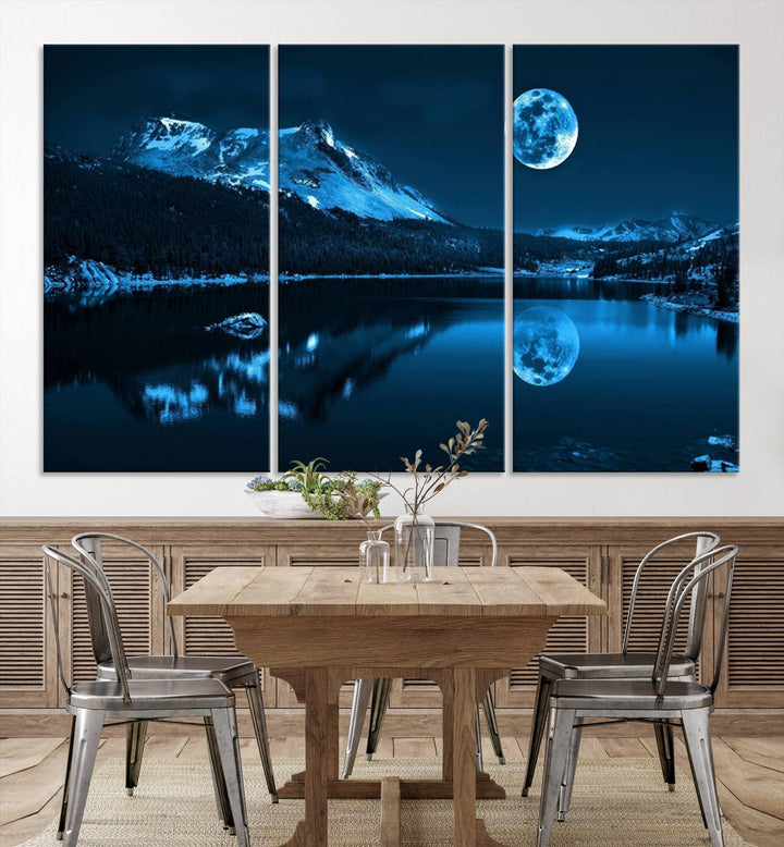 Blue Moon Mountain Lake Landscape Framed Wall Art Canvas Print