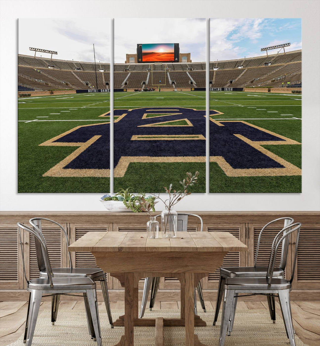 Notre Dame Stadium Giclee Canvas Print | Triptych Wall Art Featuring Iconic Notre Dame Football Field | Ready-to-Hang Sports Stadium Decor