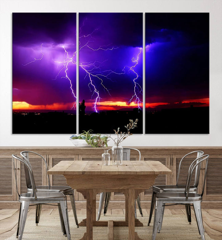 Electrifying Sunset Thunderstorm Canvas Print – Dramatic Lightning and Vibrant Sunset Wall Art