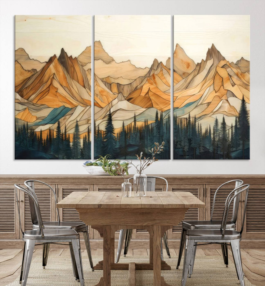 Rustic Wood Style Mountain Wall Art Print | Triptych Giclee Print Featuring Handcrafted Forest and Mountain Range Design | Framed Ready-to-Hang Print