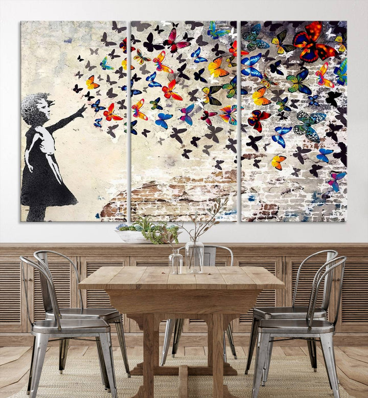 Banksy Style Girl with Butterflies Wall Art - Beautiful Framed Ready-to-Hang Triptych Canvas - Vibrant Butterfly Street Art for Modern Decor