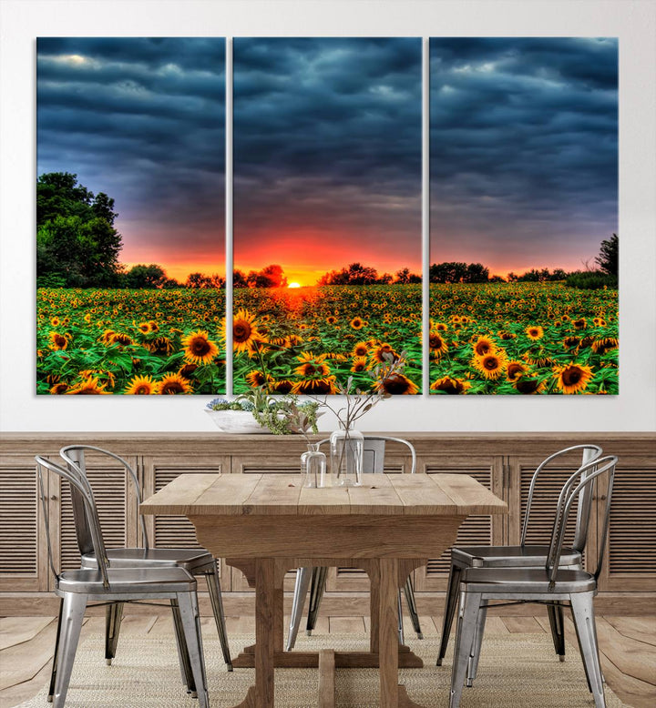 Golden Sunflower Field at Sunset – Breathtaking Sky and Vibrant Flowers, Ready to Hang Wall Art Canvas Print