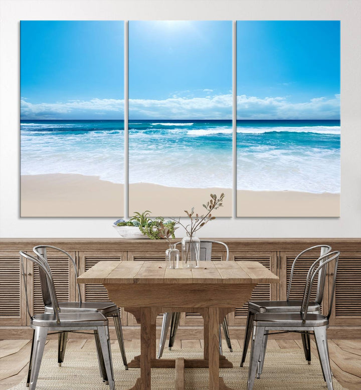 Lienzo decorativo para pared grande con estampado de mar y playa azul brillante