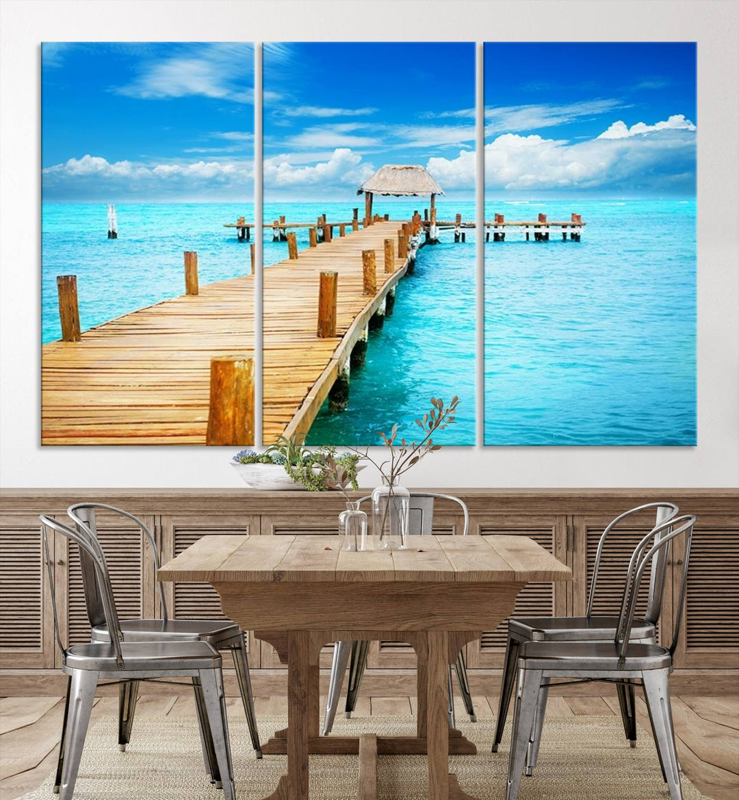 Tropical Pier Triptych Wall Art, Stunning Turquoise Ocean and Wooden Dock Canvas Print, Coastal Beach House Decor, Ocean View Canvas Art