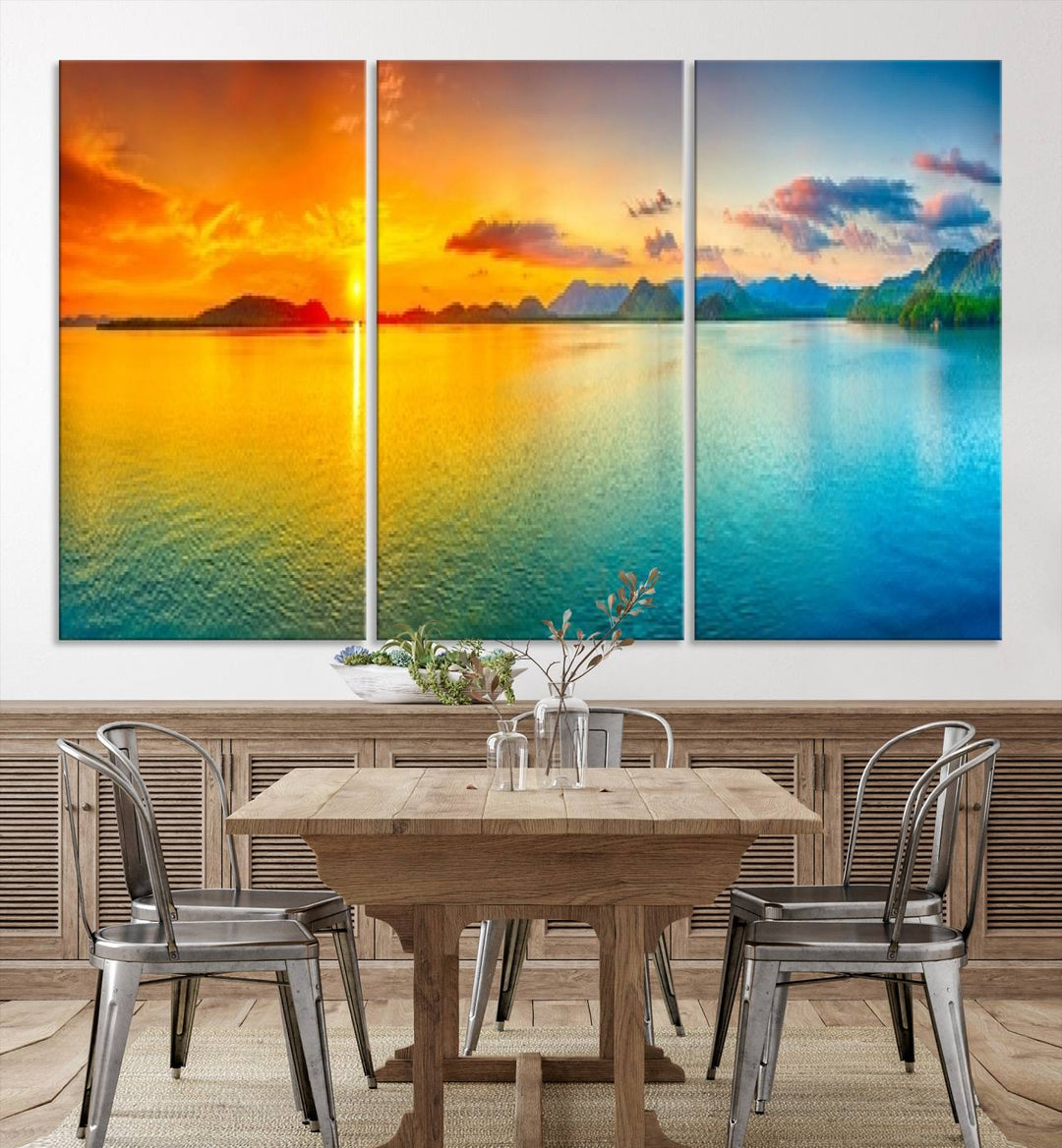 Impresión en lienzo de arte de pared grande, puesta de sol colorida, mar y montaña para decoración de sala de estar