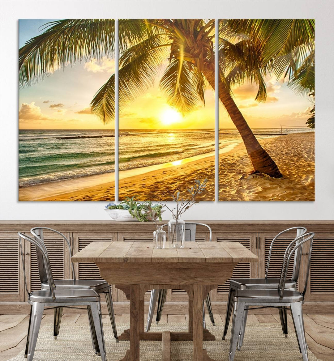 Wall Art Canvas Print Palm on Beach at Bright Sunset