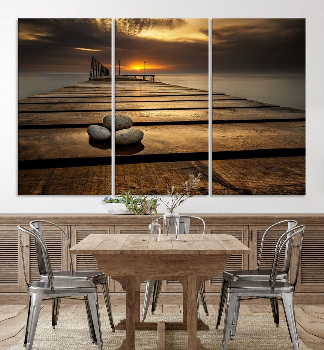 Stones on Wooden Pier at Sunset Wall Art Canvas