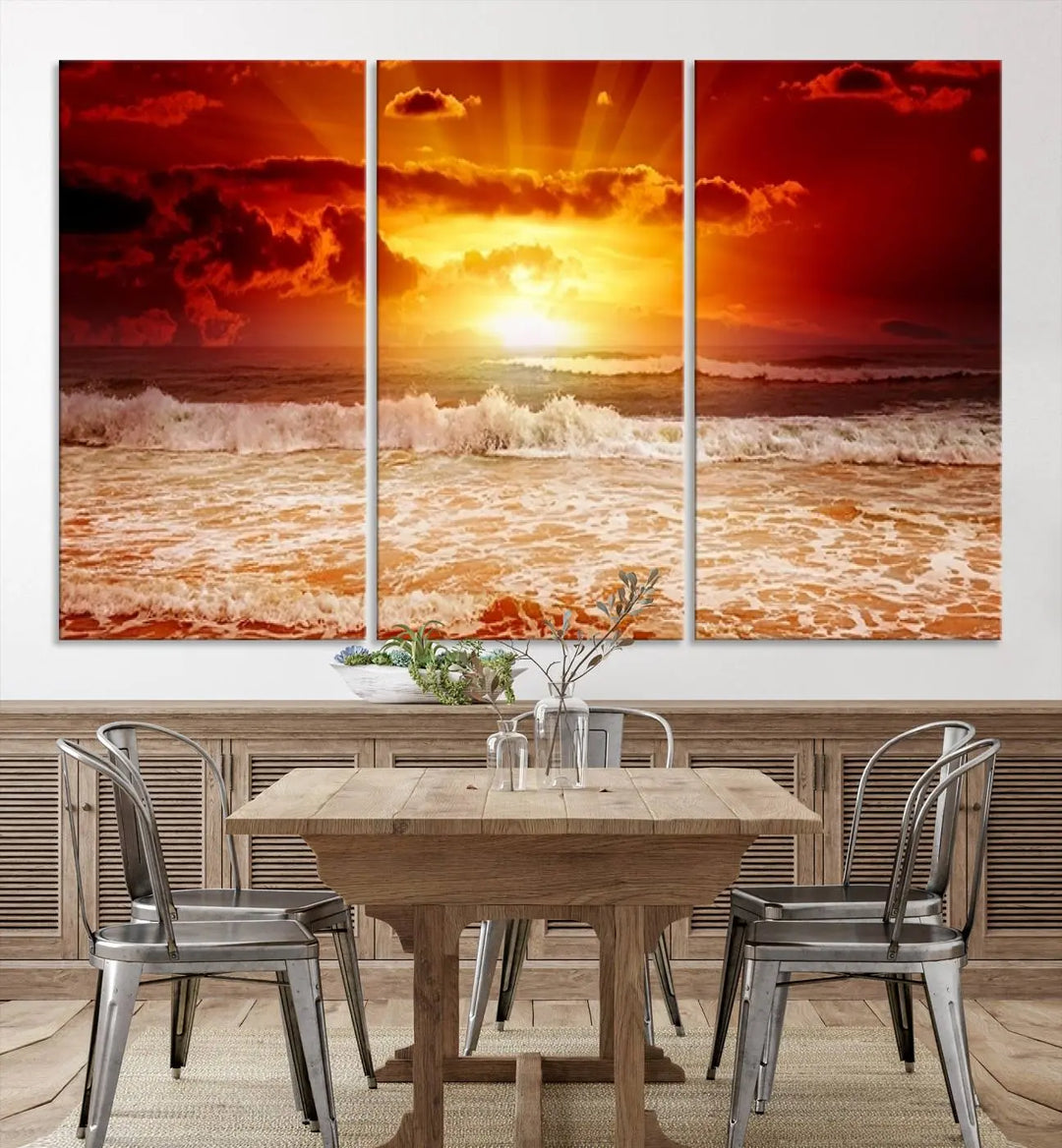 In a modern living room, the vibrant "Wall Art Canvas Perfect Sunset Turns Colour of Sea and Sky to Red," printed on museum-quality canvas, stands out. A floor lamp casts warm light over the ready-to-hang artwork, which includes a UV-protective coating to ensure lasting brilliance.