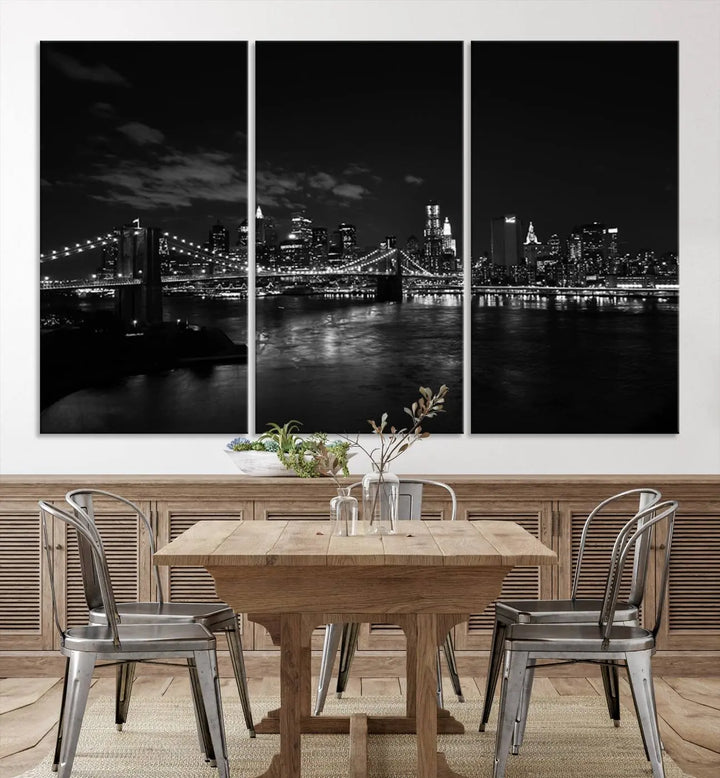 The "NEW YORK Canvas Prints Black and White Brooklyn Bridge Print" is a stunning triptych showcasing the iconic city skyline and bridge. Printed on museum-quality canvas with a UV-protective coating, it is ready to hang and instantly elevates your decor.