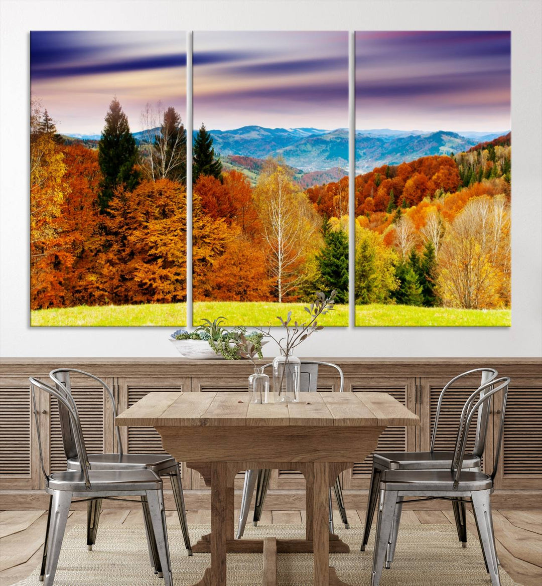 Autumn Colorful Forest Blue Mountains and Purple Sky at Sunset Wall Art Canvas Print