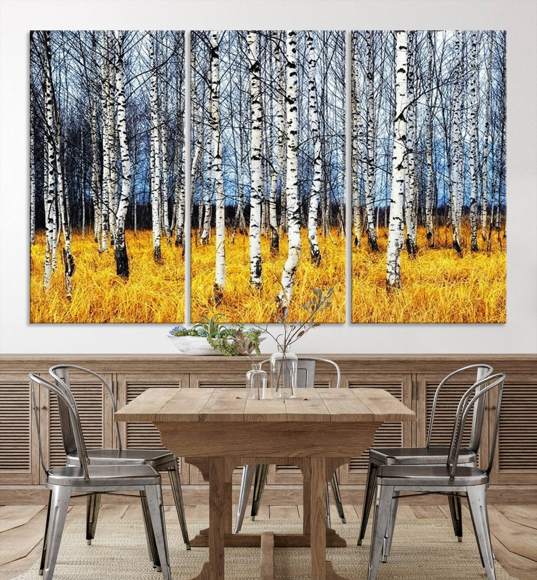 Birch Trees Wall Art Print, Wall Art Landscape Canvas Print Leafless Trees on Yellow Ground