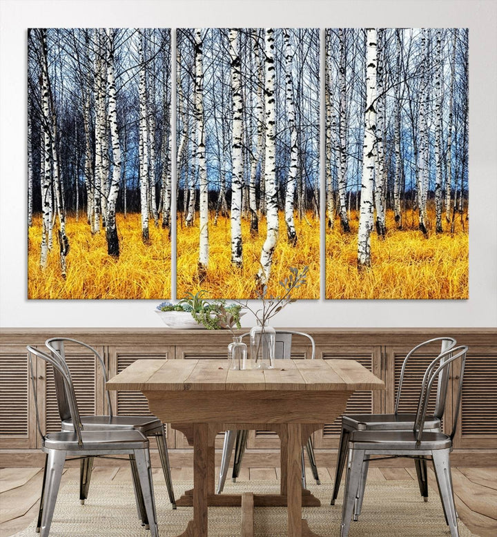 Impression d’art mural de bouleaux, art mural paysage, impression sur toile, arbres sans feuilles sur fond jaune