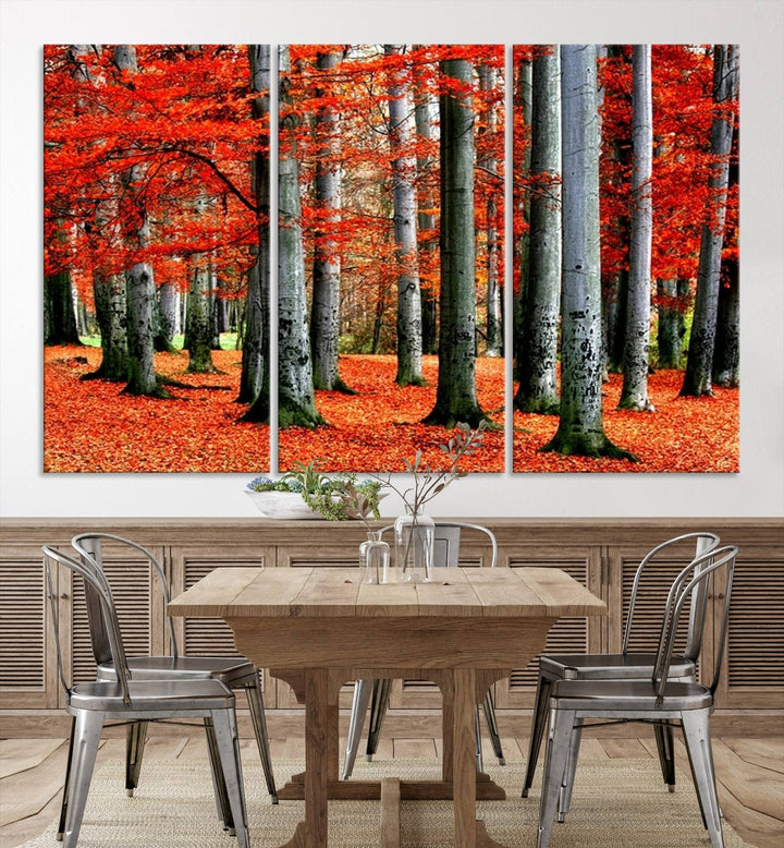 Impression sur toile de paysage d'art mural, feuilles rouges sur des arbres sur fond rouge