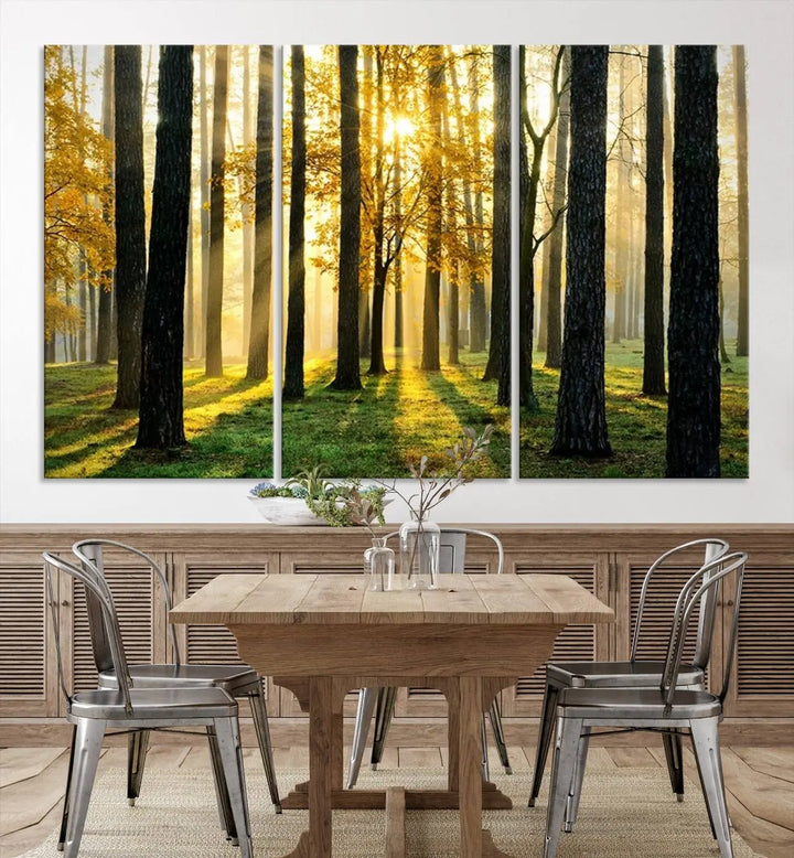 The living room is enhanced by the "Wall Art Landscape Canvas Print Tall Trees in Forest at Sunset" on museum-quality canvas. This triptych, complete with a UV-protective coating, is ready to hang and adds an artistic touch to the space.