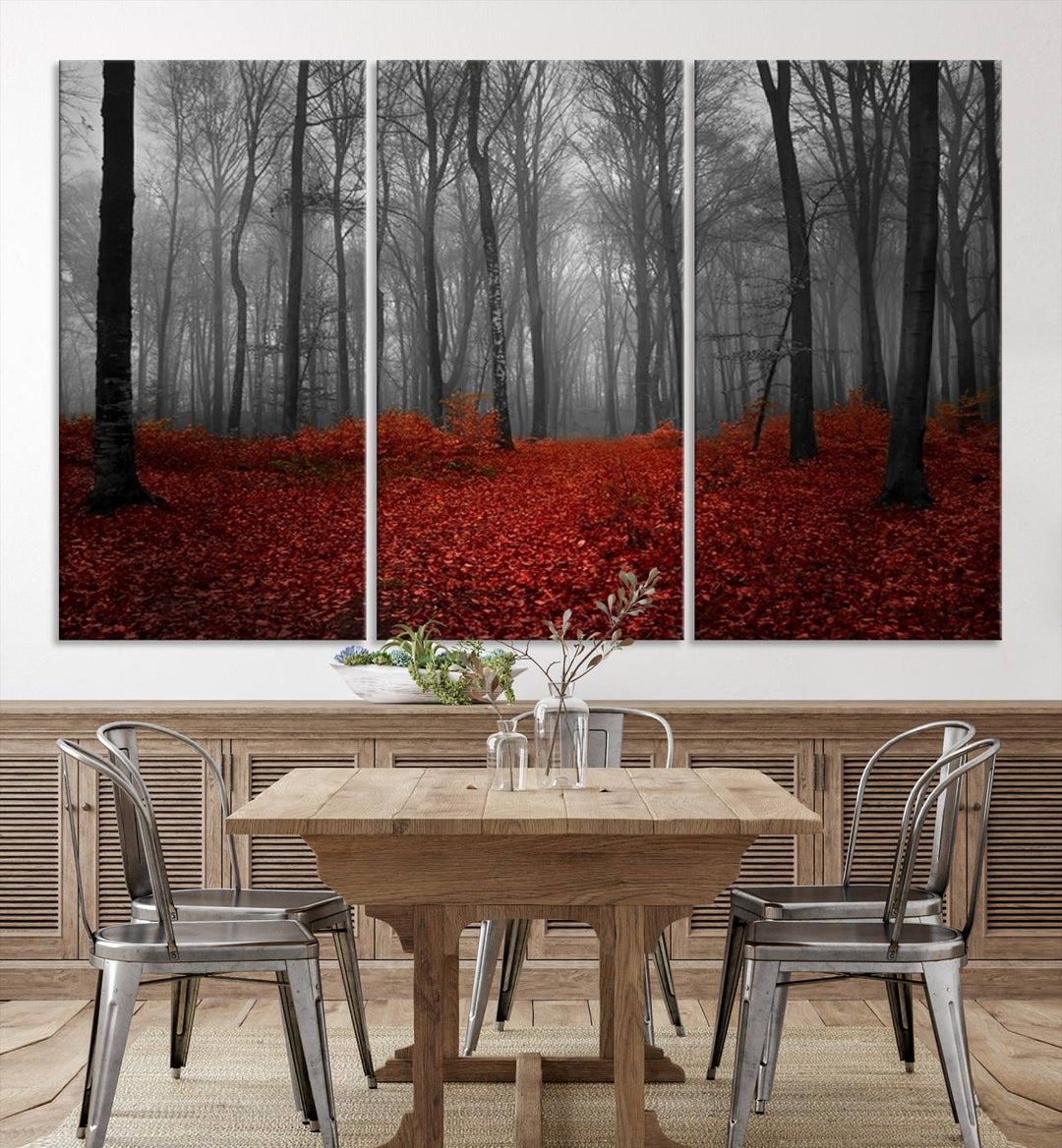 Impression sur toile de paysage d'art mural, forêt merveilleuse avec des feuilles rouges au sol