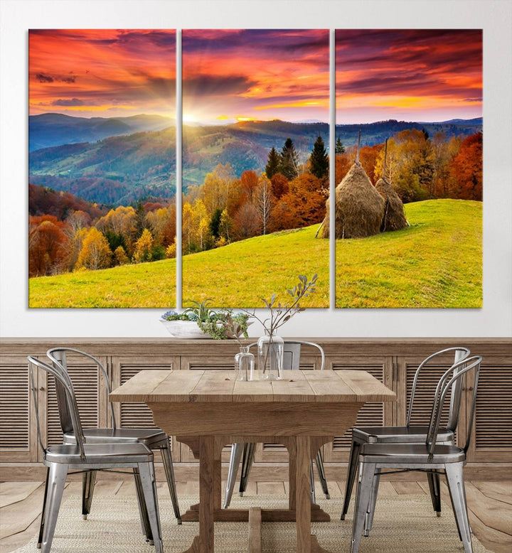 Impression sur toile de paysage d'art mural, tous les tons de vert au coucher du soleil