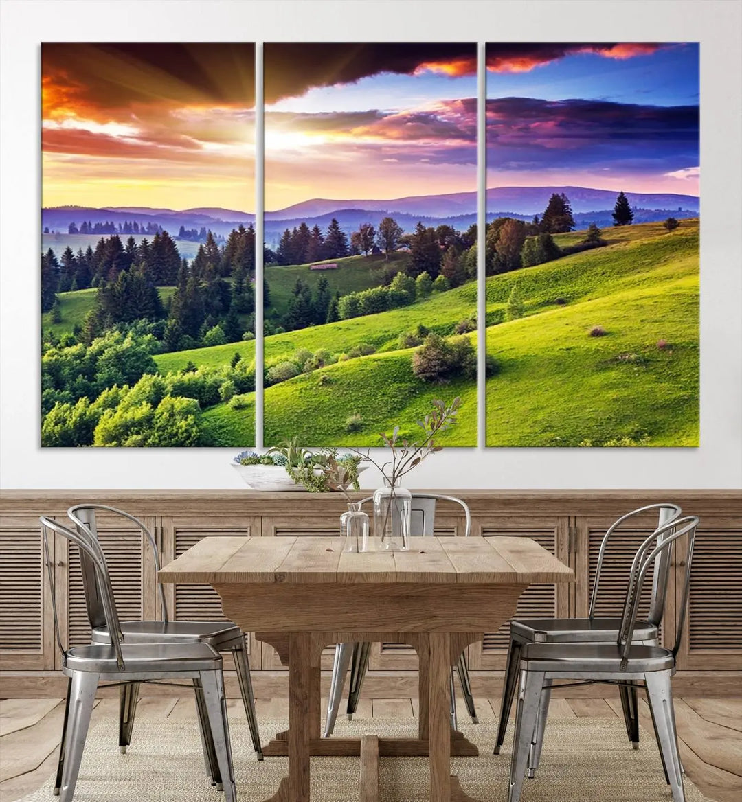 The room features a large triptych of the Green Hills and Sunset Wall Art Print, showcasing a scenic landscape with lush greenery and a vibrant sky.