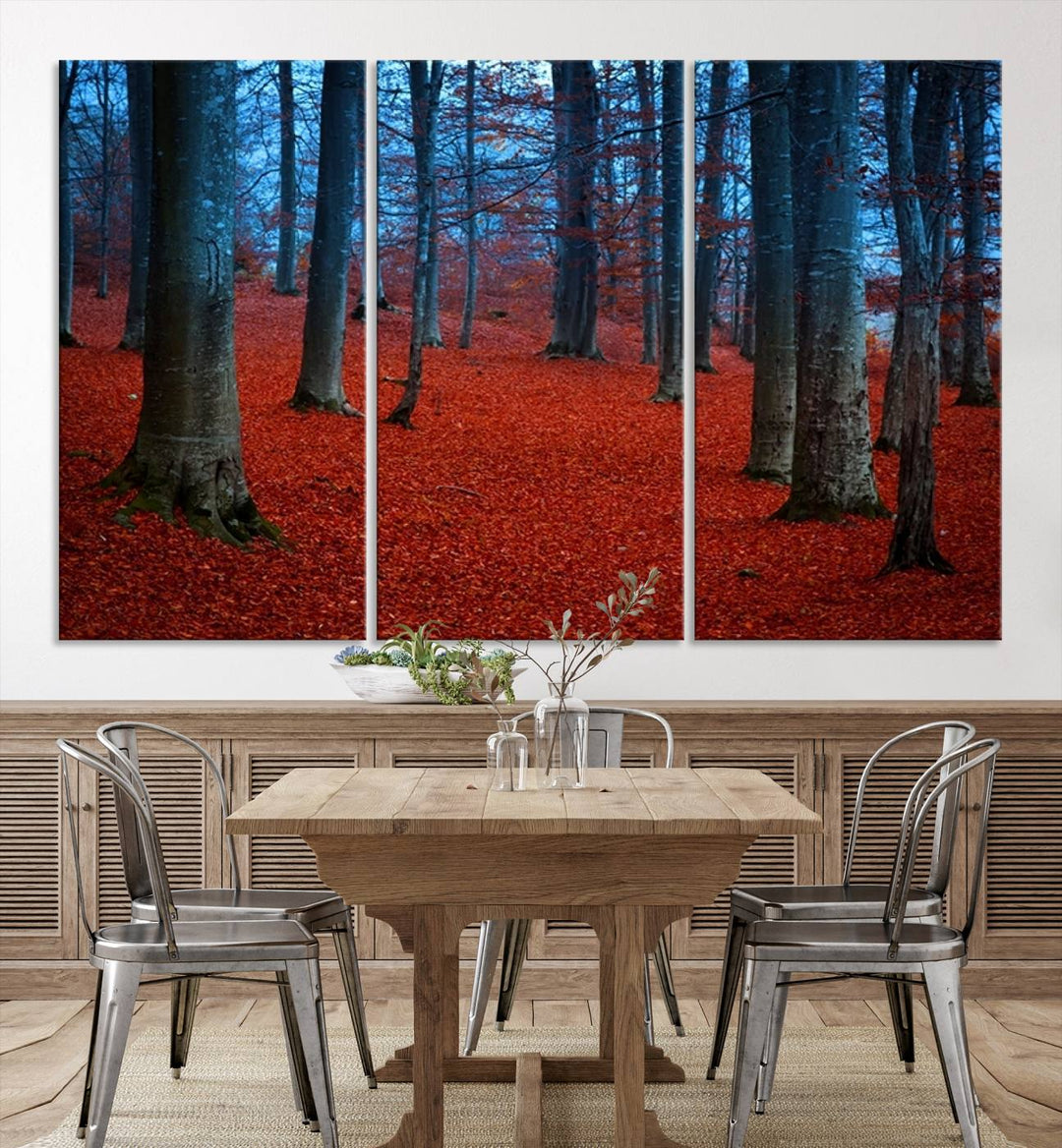 Impression sur toile de paysage d'art mural, feuilles rouges dans la forêt bleue