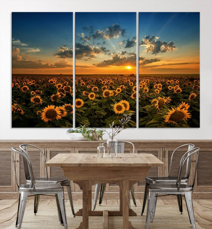 Toile d’art mural avec champ de tournesol et coucher de soleil