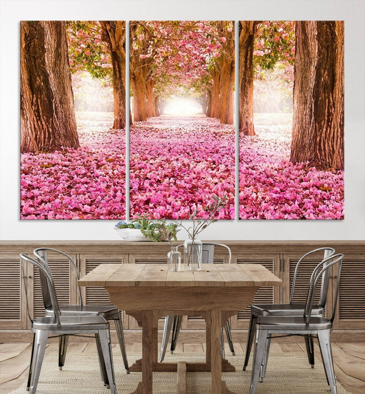 Blossom Cherry Canvas Print Walking on Pink Flowers Between Trees