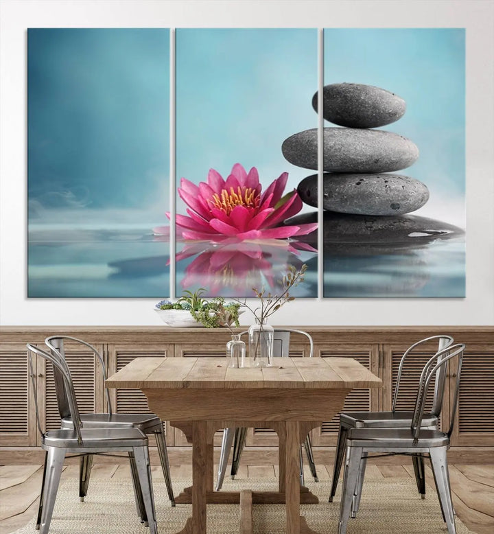 The Zen Serenity Triptych Canvas Art, featuring a lotus flower and balancing stones, perfectly captures tranquility with its serene water lily print.