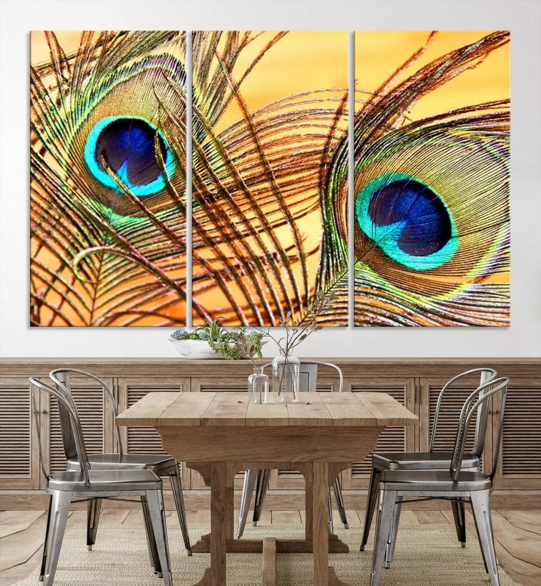 The Peacock Feather Wall Art Print, showcasing a vibrant green, blue, and orange feather design and ready to hang, adorns the space.