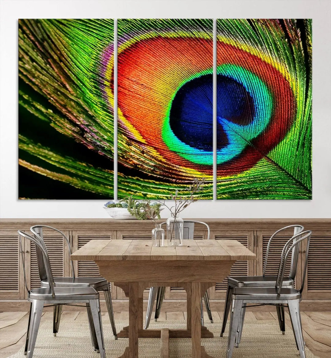 The living room features the "Colorful Peacock Feather Wall Art Print," showcasing a vibrant green, blue, and orange design elegantly displayed above a modern sofa.