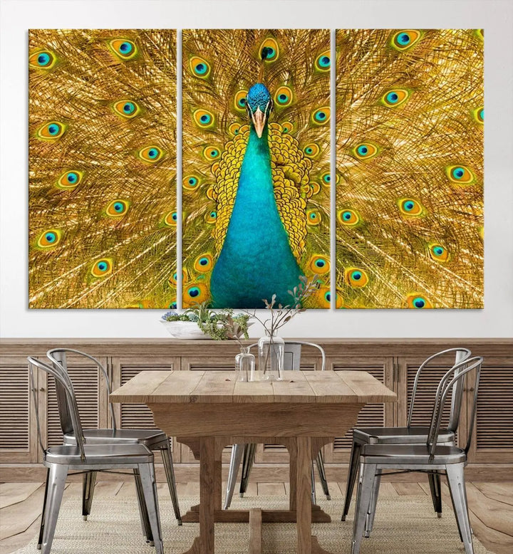 The Peacock Wall Art Canvas Print, featuring a vibrant triptych design of a peacock with intricate feather details and printed on museum-quality canvas with UV-protective coating, brings an artistic flair to the elegant space. Ready to hang, it enhances the modern living room with its striking presence.