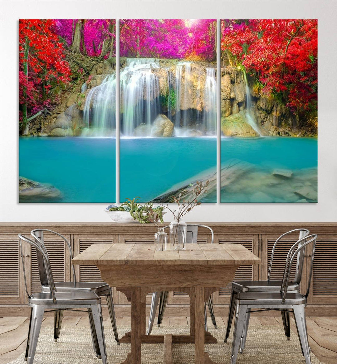 Wall Art Waterfall Landscape with Pink and Red Flowers in Forest Canvas Print