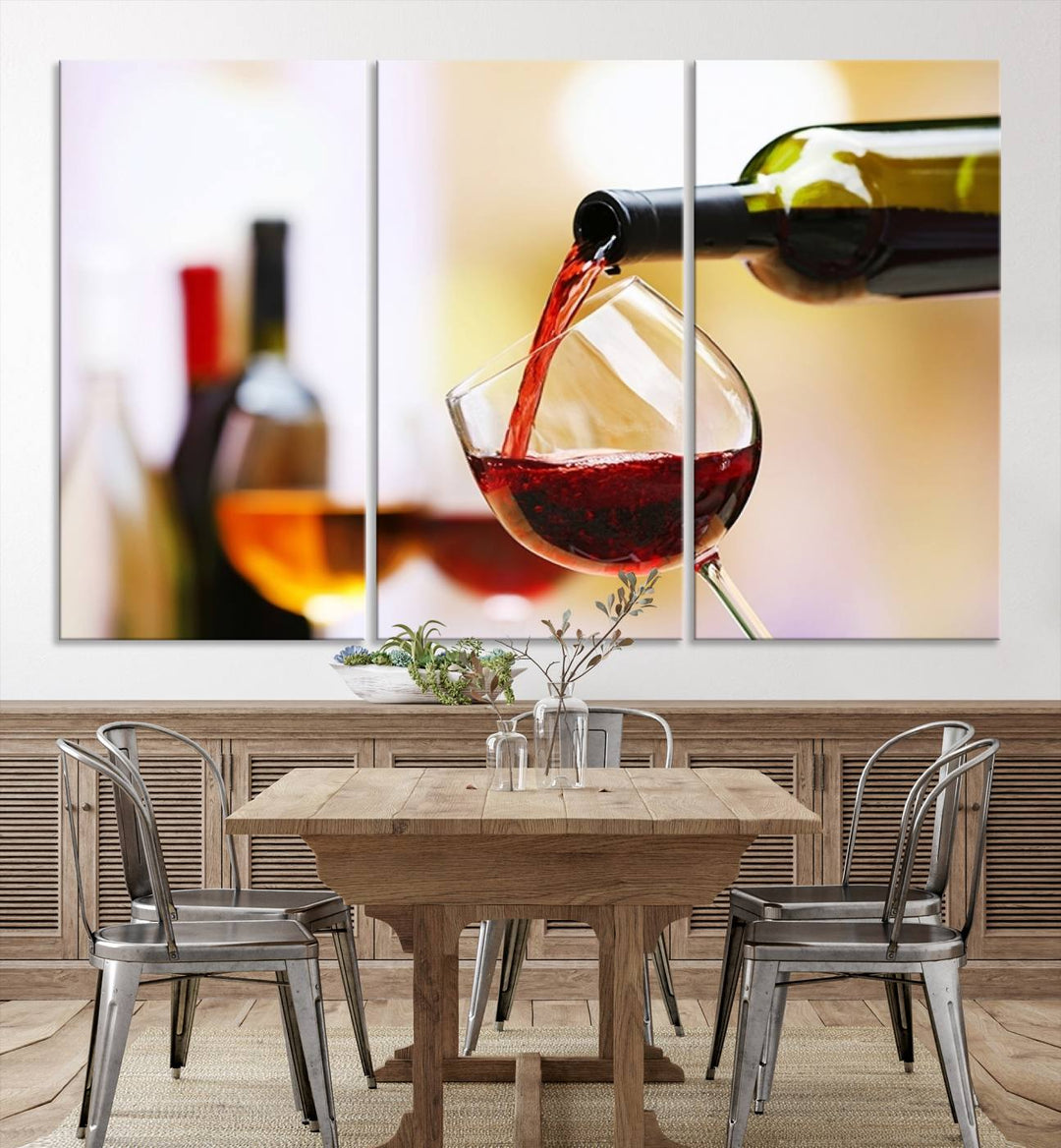 The Filling Red Wine into Glass Red Wine Canvas Print showcases a wine bottle pouring red wine into a glass. This scene, captured on museum-quality canvas, promises timeless elegance and comes with free shipping for effortless delivery to your doorstep.