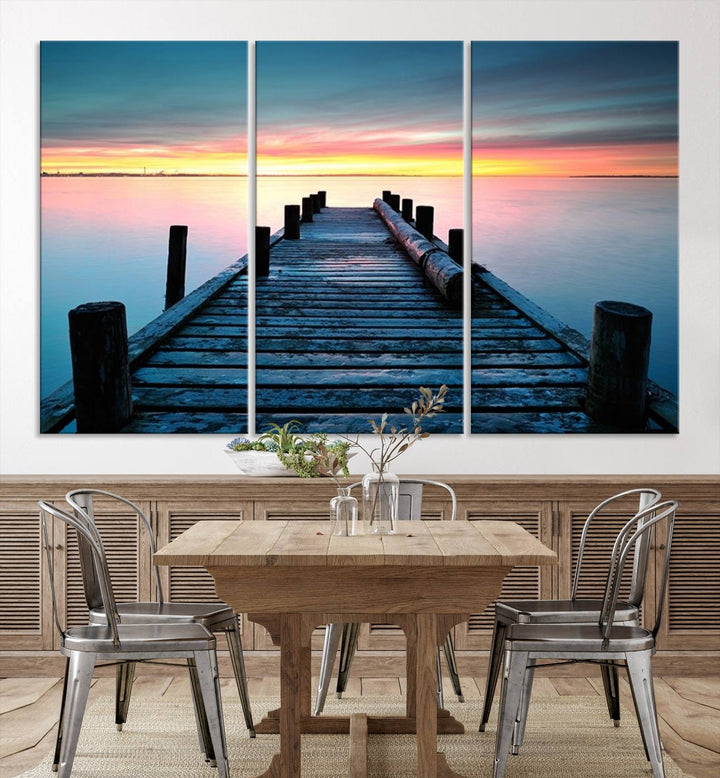 Wall Art Vintage Wooden Pier on Sea at Sunset Canvas Print