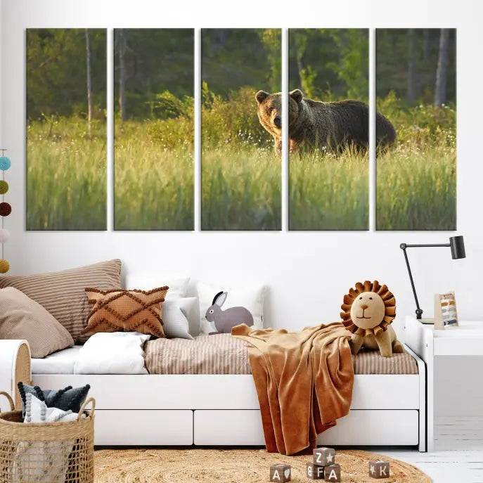 A museum-quality triptych wall art, titled "Wild Bears in Nature Canvas Print," elegantly decorates the living room.