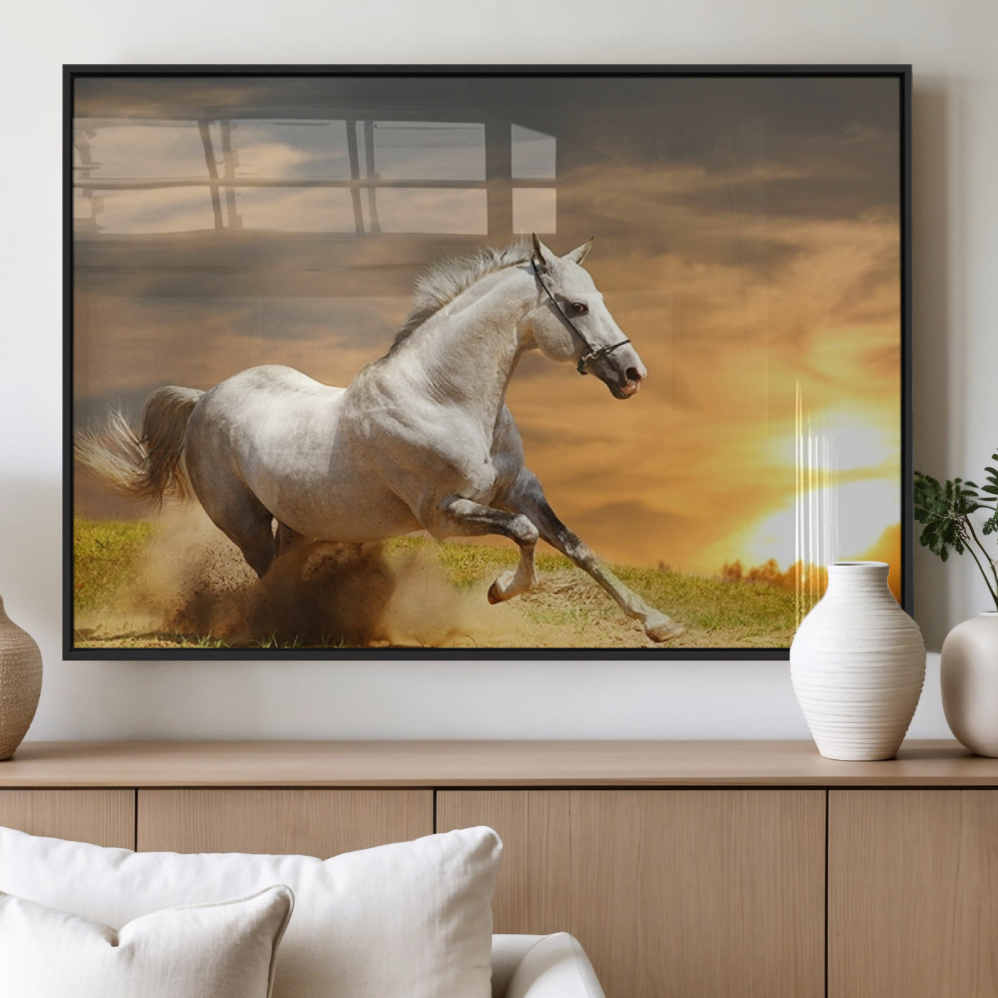 MGV-FP-60X30-3P - Large Wall Art Galloping White Horse at Sunset Canvas Print