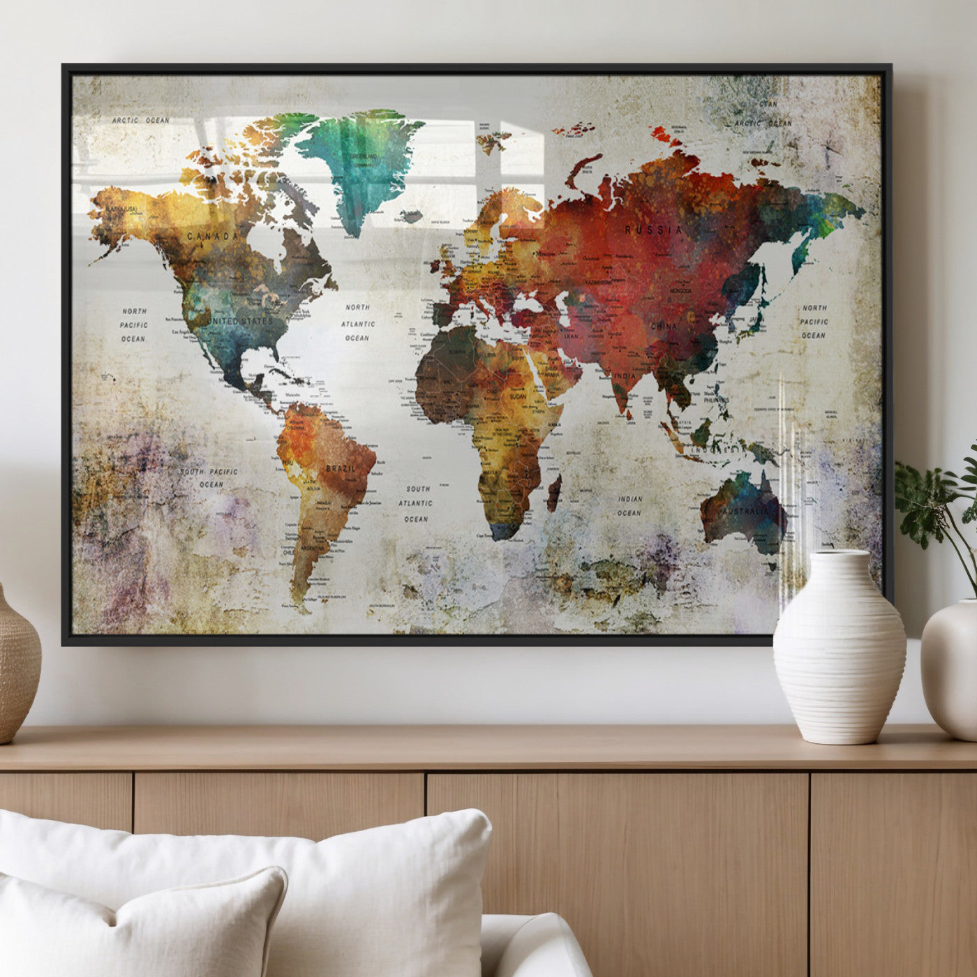92207-MGV-FP-60X30-3P_Black-Push Pin World Map Canvas Print – Framed Wall Art for Couples to Track Their Travels – Anniversary