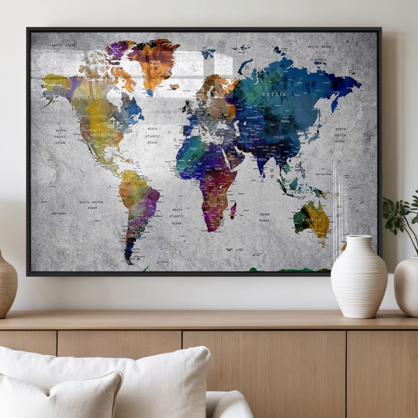 MGV-FP-36X24-3P - Push Pin World Map Canvas Print – Framed Wall Art for Couples to Track Their Travels – Anniversary