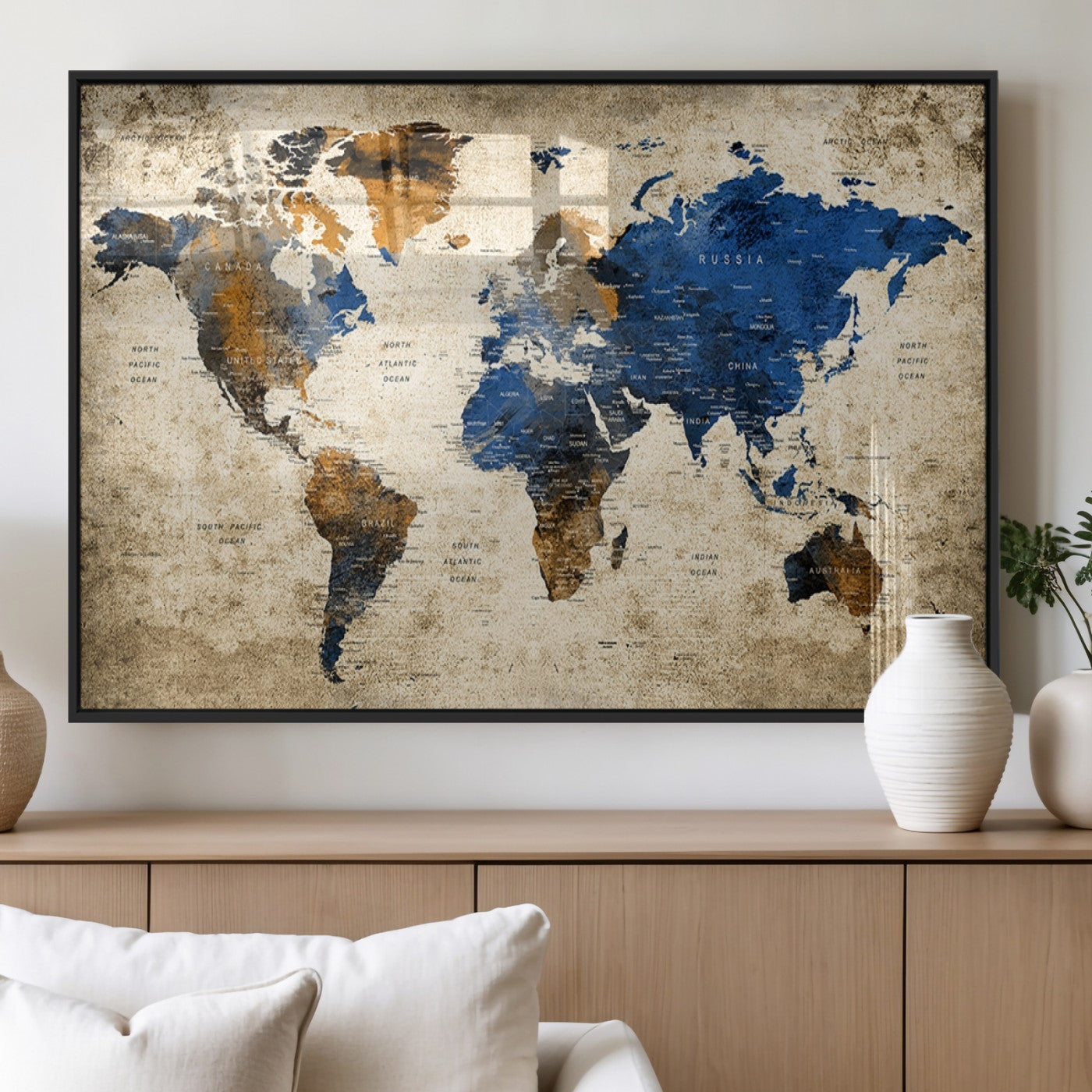 MGV-FP-60X30-3P - Push Pin World Map Canvas Print – Framed Wall Art for Couples to Track Their Travels – Anniversary