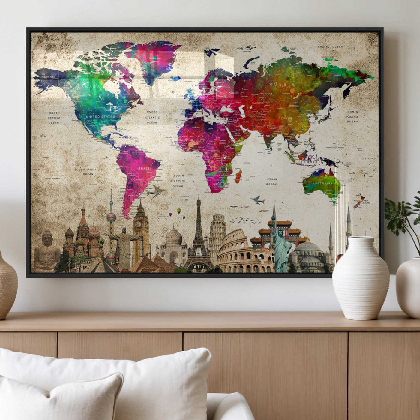 MGV-FP-36X24-3P - Push Pin World Map Canvas Print – Framed Wall Art for Couples to Track Their Travels – Anniversary