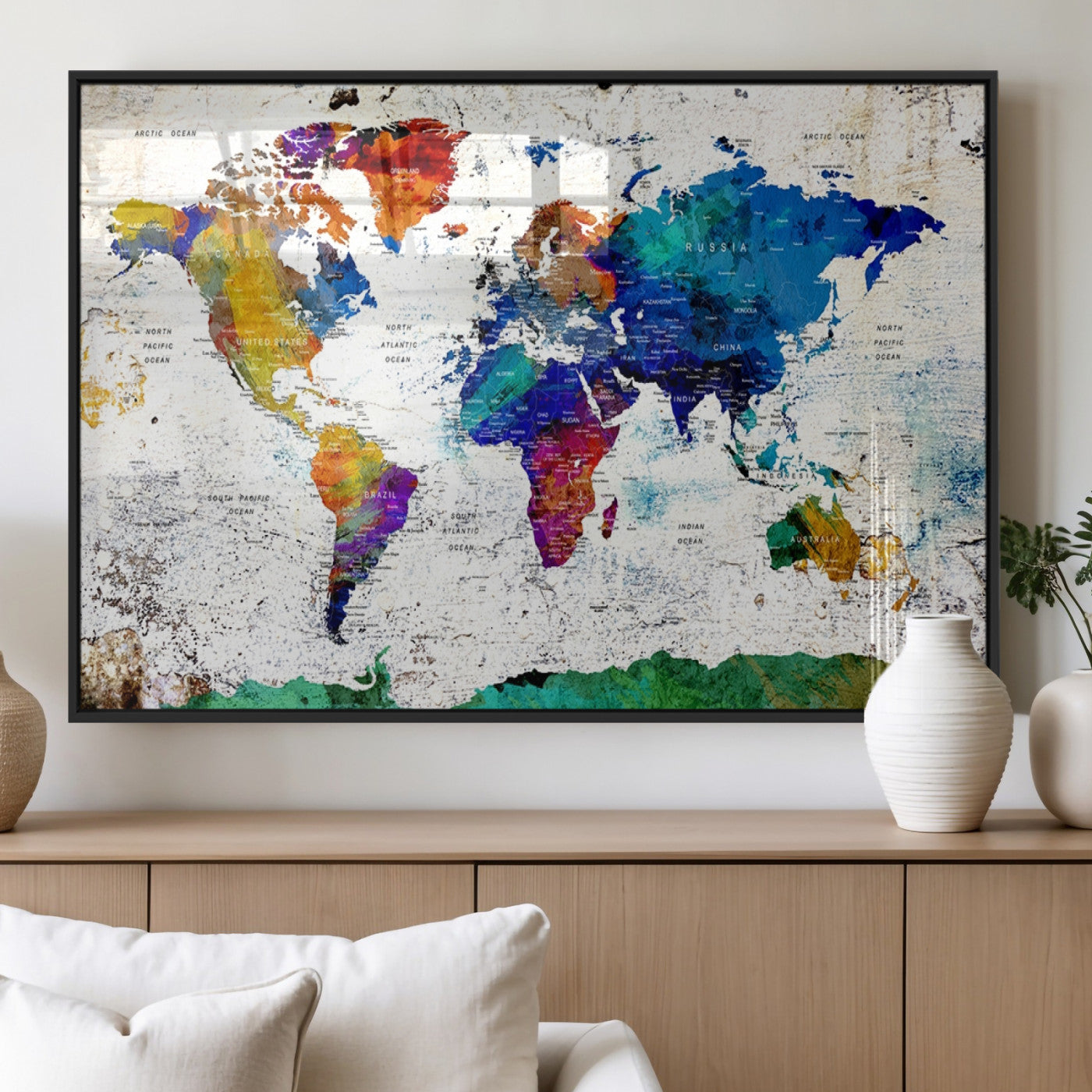 MGV-FP-36X24-3P - Push Pin World Map Canvas Print – Framed Wall Art for Couples to Track Their Travels – Anniversary