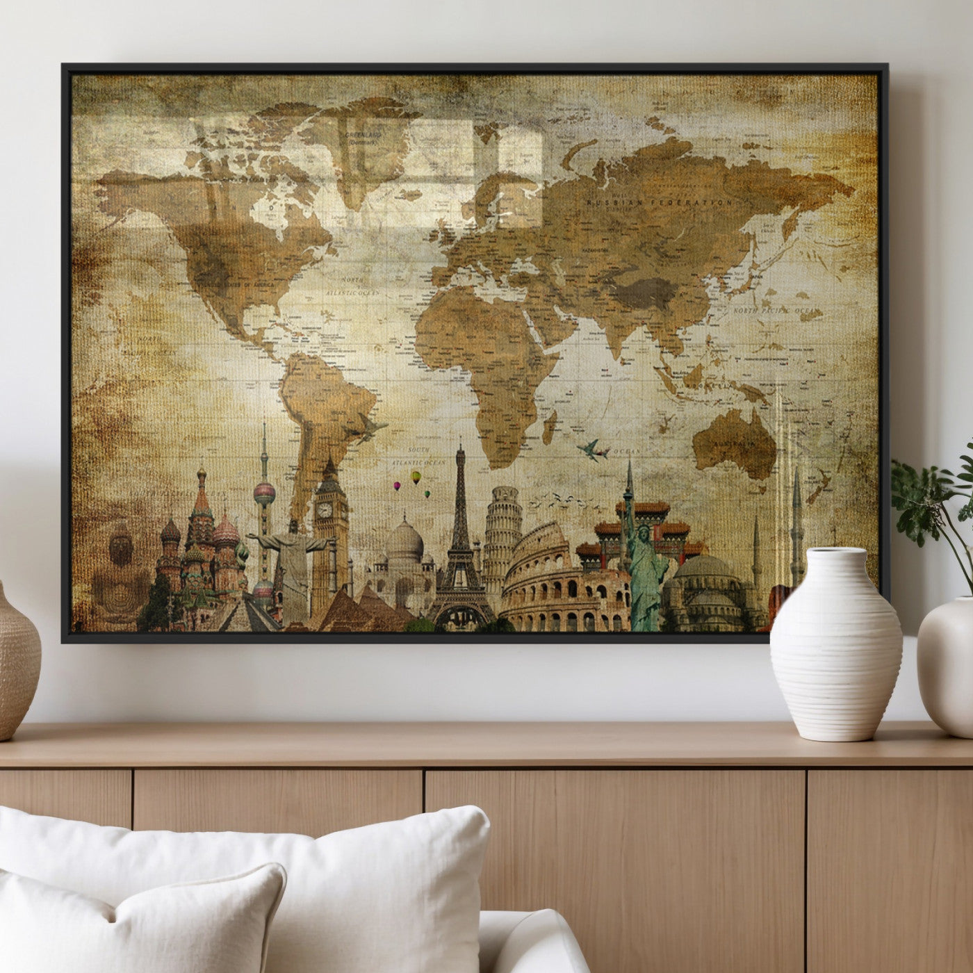 MGV-FP-36X24-3P - Push Pin World Map Canvas Print – Framed Wall Art for Couples to Track Their Travels – Anniversary