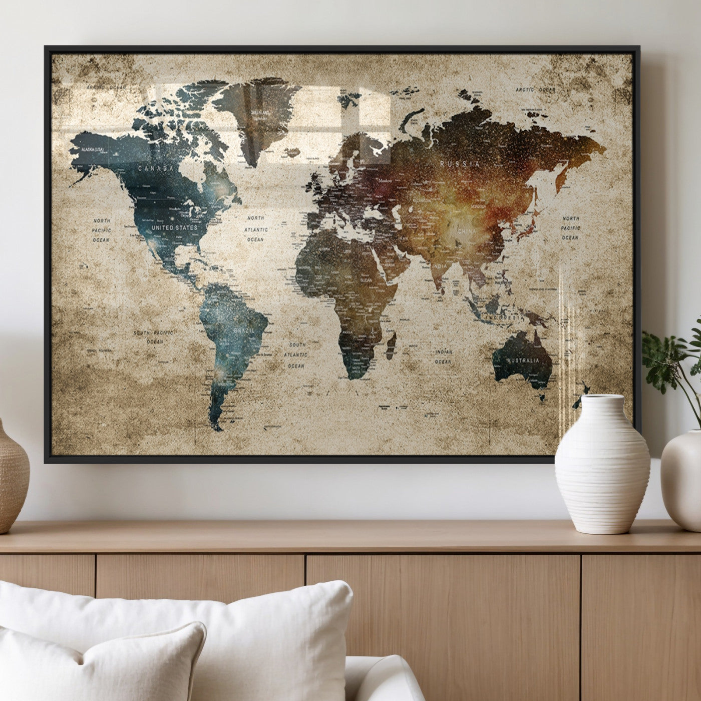 MGV-FP-60X30-3P - Push Pin World Map Canvas Print – Framed Wall Art for Couples to Track Their Travels – Anniversary