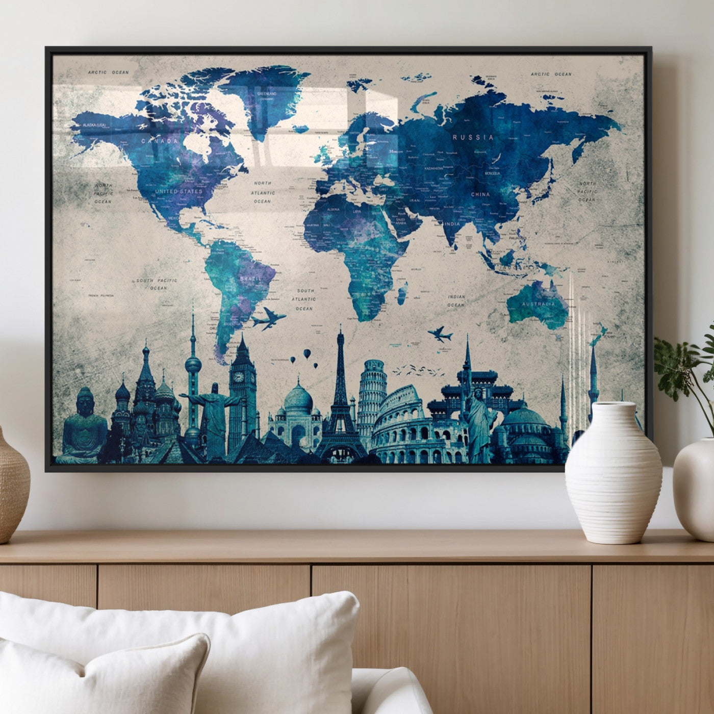 MGV-FP-60X30-3P - Navy Blue World Map Canvas Print, Wonder of World Map Push Pin Canvas Print