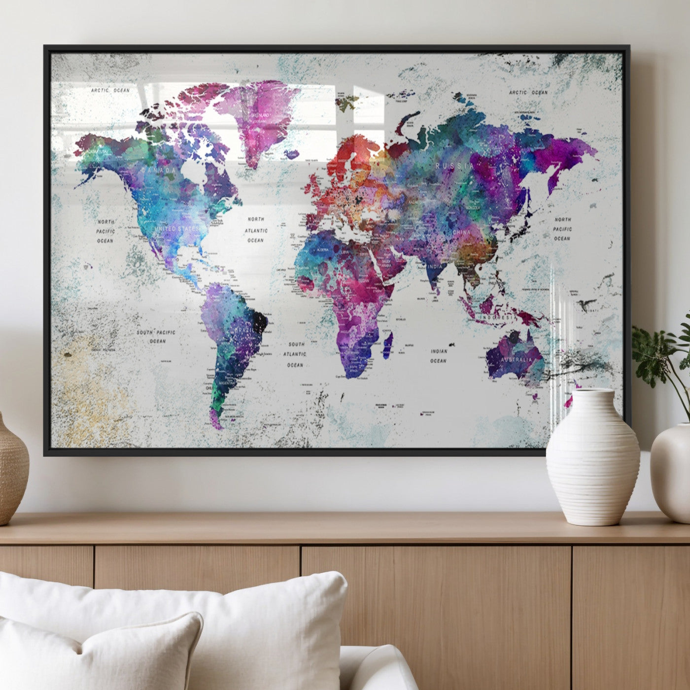 MGV-FP-36X24-3P - Push Pin World Map Canvas Print – Framed Wall Art for Couples to Track Their Travels – Anniversary