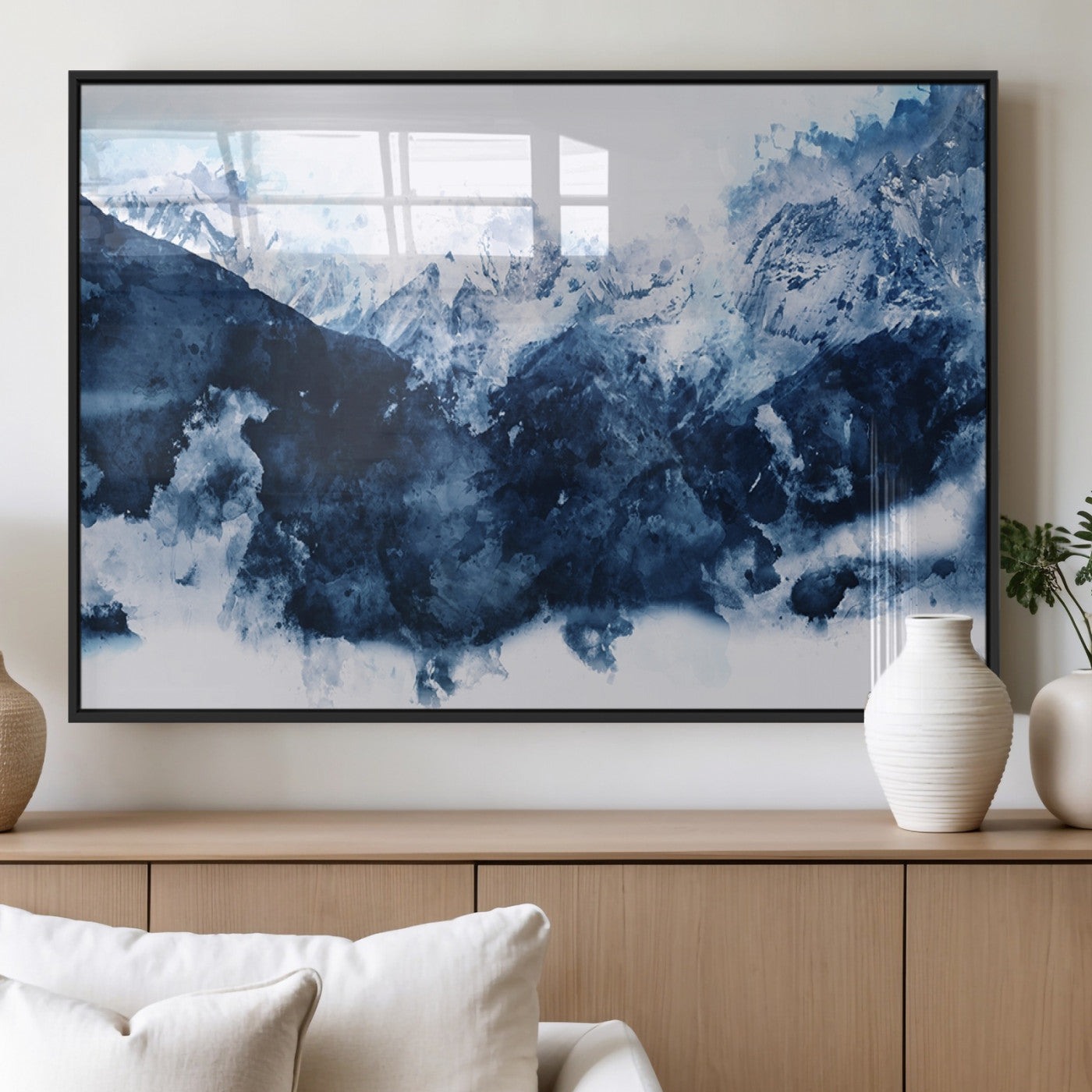 81700-MGV-FP-60X30-3P_Black-Abstract Blue Mountain Canvas Wall Art – Modern Triptych Landscape Print – Contemporary Nature Decor for Living Room or Office – Ready to